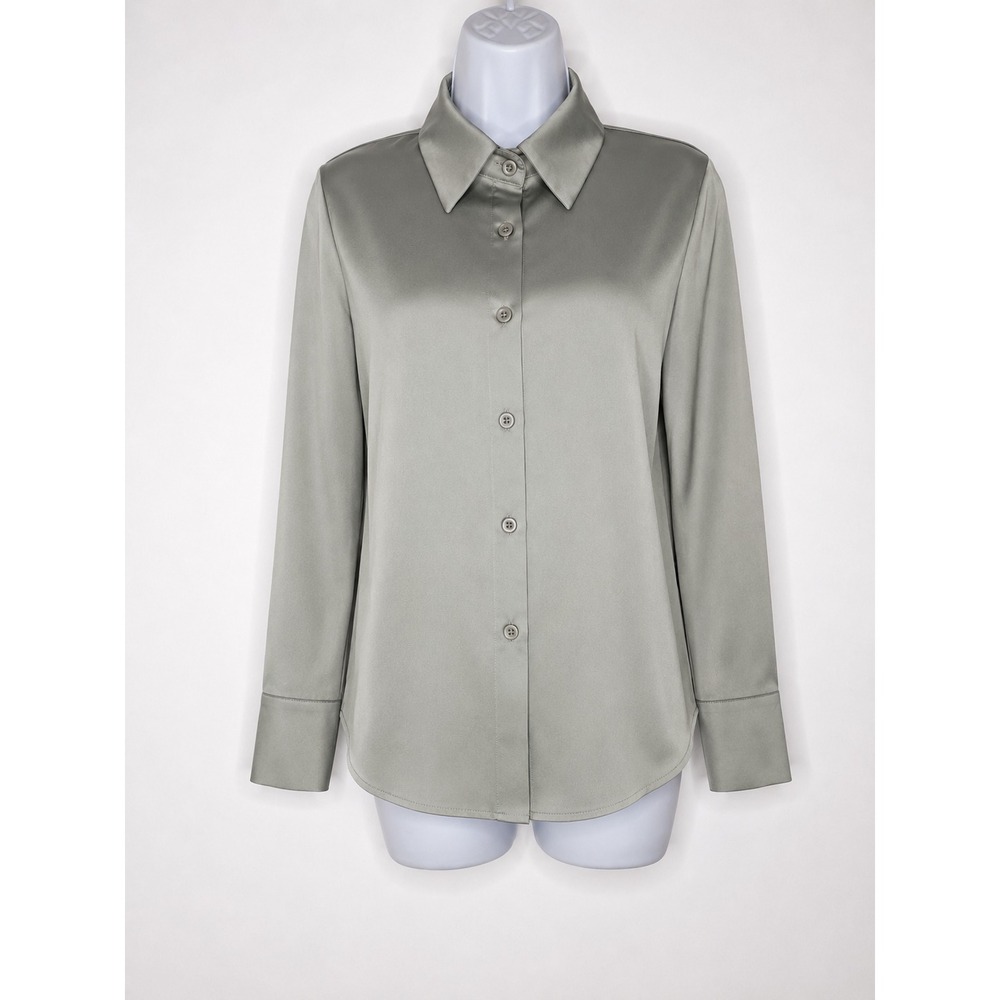 Olive Green Elegant Women Satin Shirt Classic Solid Collar Blouse Work‎ Wear